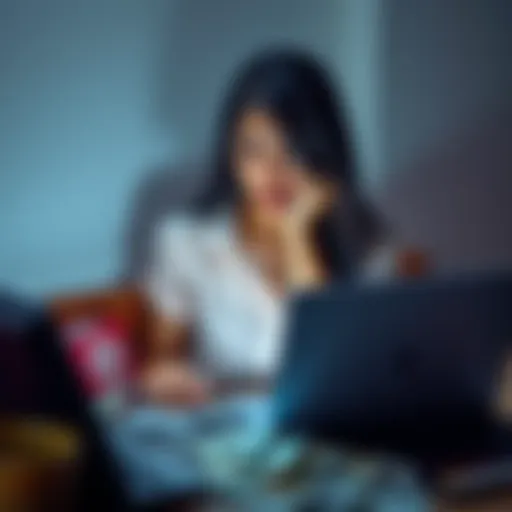 A 34-year-old woman sits alone, looking distressed, with bills scattered around her and a laptop open showing trading losses.