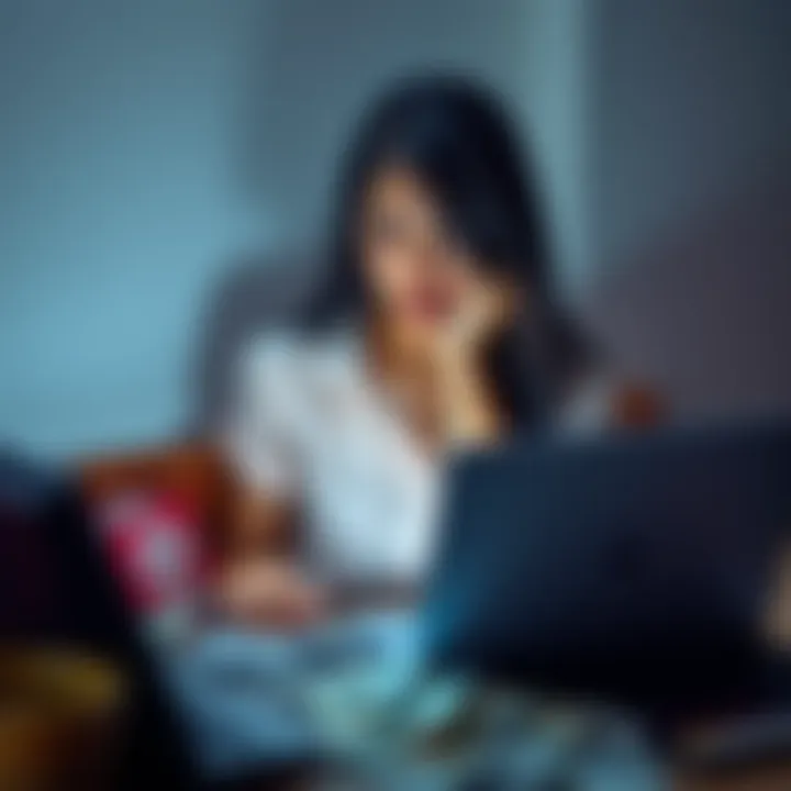 A 34-year-old woman sits alone, looking distressed, with bills scattered around her and a laptop open showing trading losses.