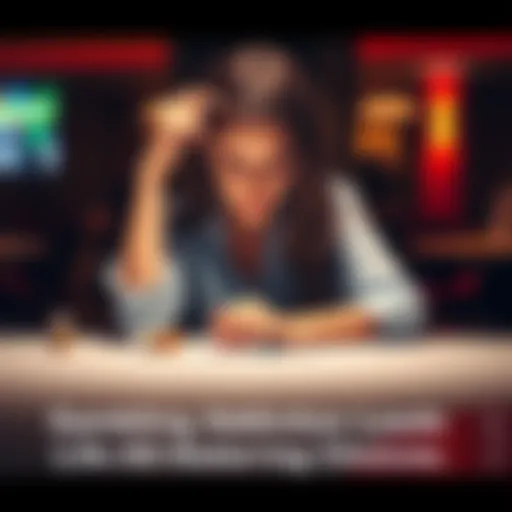 A woman sitting alone at a table, looking distressed while holding a bottle of medication and a few gambling chips.