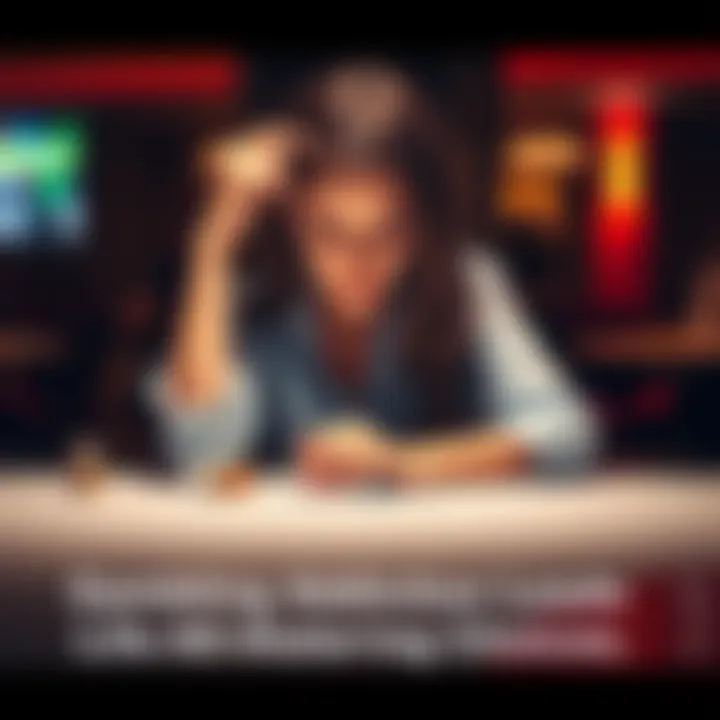 A woman sitting alone at a table, looking distressed while holding a bottle of medication and a few gambling chips.