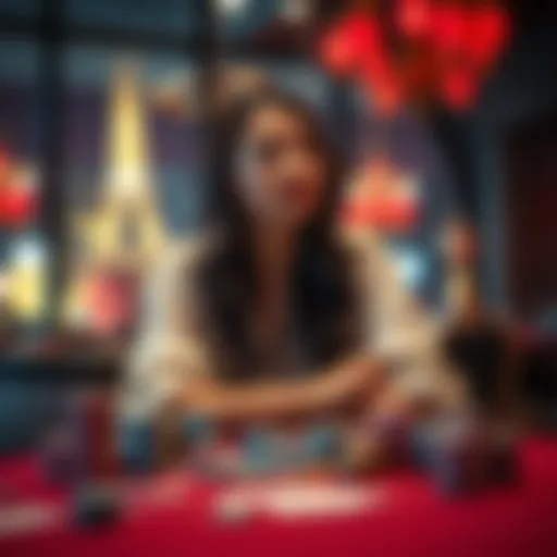 A 28-year-old woman sitting at a table, looking thoughtful as she reflects on her recent decision to quit gambling, surrounded by casino chips and cards