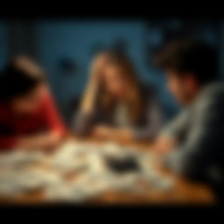 Woman in Frustration over Credit Card Bills A woman sits at a table with credit card bills scattered around, looking worried as she talks to her husband, who appears upset.