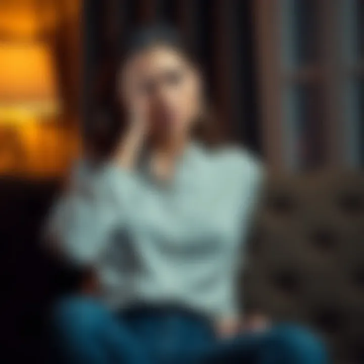 Woman in distress after breakup A woman sitting on a couch with her head in her hands, looking sad and worried after discovering her boyfriend's gambling problem.