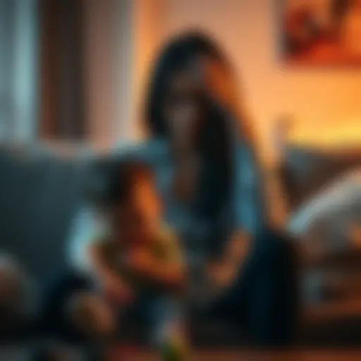 Woman looking distressed with a child nearby A woman sits on a couch looking worried while holding her head in her hands, with a child playing quietly next to her, symbolizing her emotional struggle with a gambling partner.