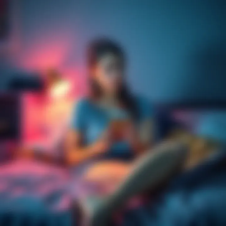 A 19-year-old girl sitting on her bed, looking worried while holding her credit card bills and a Pokemon card, deep in thought about her spending habits.