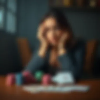 A woman sits at a table with a worried expression, looking at a stack of poker chips and a deck of cards, symbolizing the impact of gambling addiction on her life.