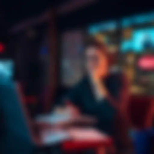A concerned woman sits at a table with a laptop and a notebook, reflecting on her financial troubles after gambling her husband's savings.