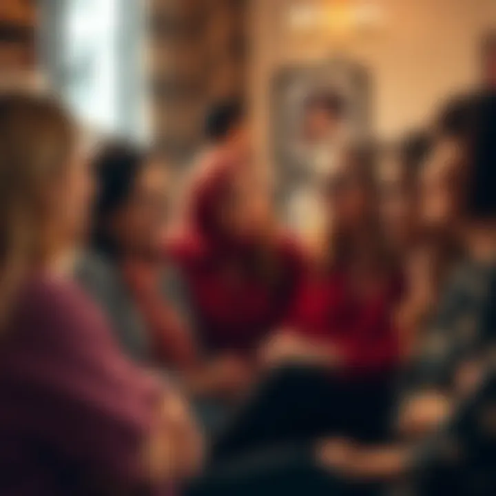 A group of women gathered in a support group setting, sharing their experiences with gambling addiction, showing expressions of empathy and understanding.