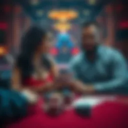 A woman and a man sitting at a gambling table, with poker chips and cards in front of them, showing different expressions of focus and excitement.