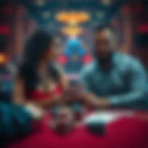 A woman and a man sitting at a gambling table, with poker chips and cards in front of them, showing different expressions of focus and excitement.