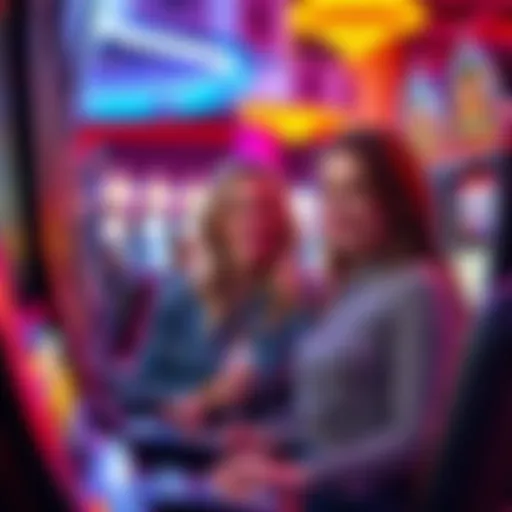 A group of women laughing and playing slot machines in a casino setting.