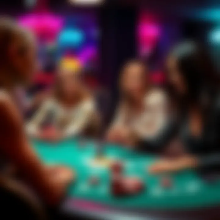 A group of women sitting at a poker table, looking at their cards and chips during a game night