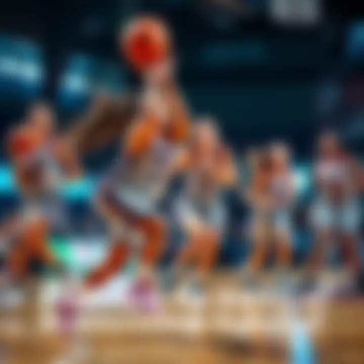 Women playing college basketball A group of female basketball players in action during a college game, showcasing teamwork and athleticism