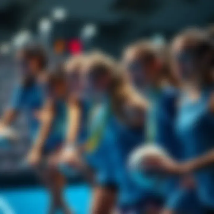 Group of female athletes competing in a sports tournament, showcasing teamwork and competitive spirit.