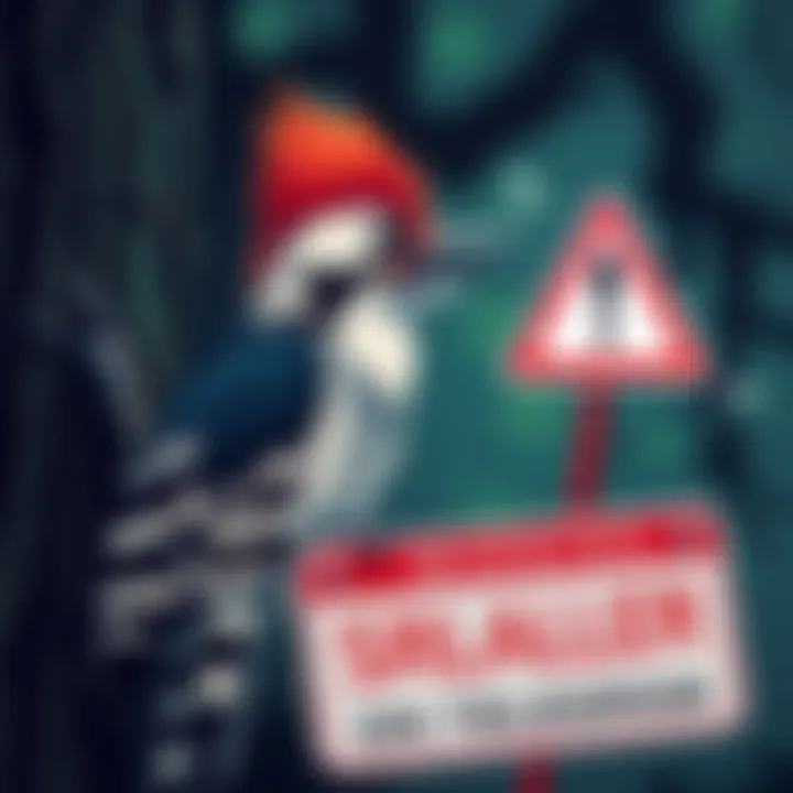 Illustration of a woodpecker with a warning sign, symbolizing a scammer on Telegram