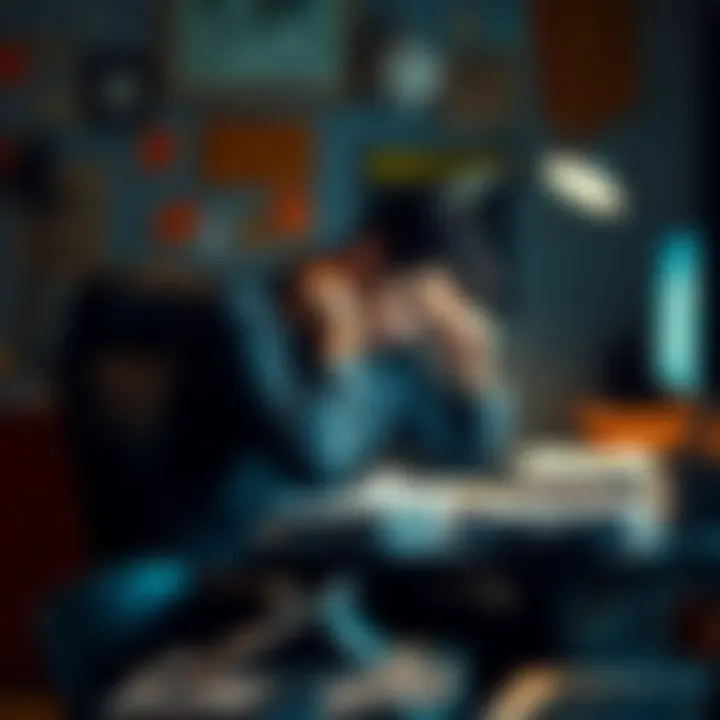 A tired individual sitting at a desk with bills scattered around, looking stressed and exhausted while trying to relax.