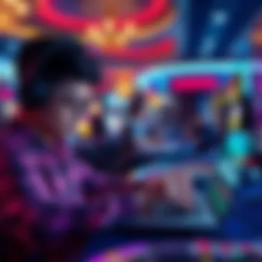 Working in a Casino A person using a laptop in a casino while enjoying gaming activities in the background