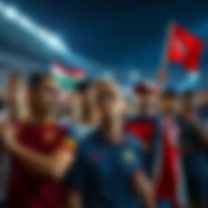 World Cup Fans Concerned A diverse group of soccer fans holding flags, looking worried, with a stadium in the background and ICE agents in the distance