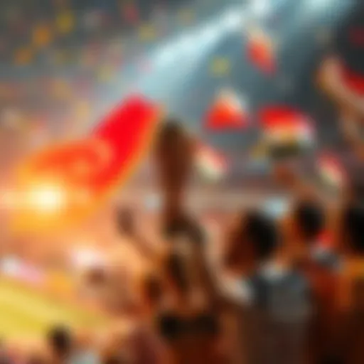 Fans celebrating a country winning the World Cup trophy, waving flags and cheering in excitement