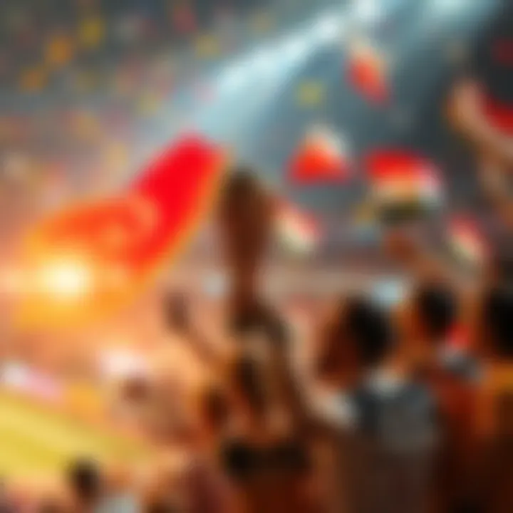 Fans celebrating a country winning the World Cup trophy, waving flags and cheering in excitement