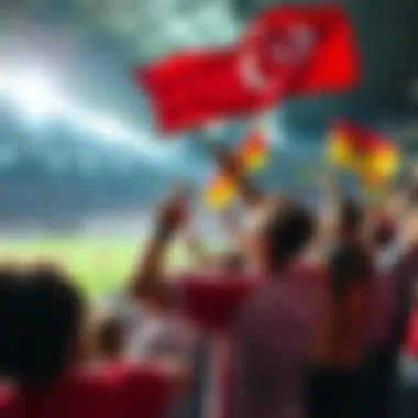 Cheering fans wave flags and celebrate during a World Cup soccer game