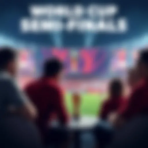 People discussing BTTS predictions for the World Cup semi finals with football graphics in the background
