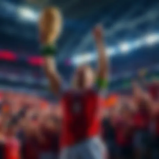 A player celebrating a victory at the World Cup, holding a trophy high amidst cheering fans in a stadium.