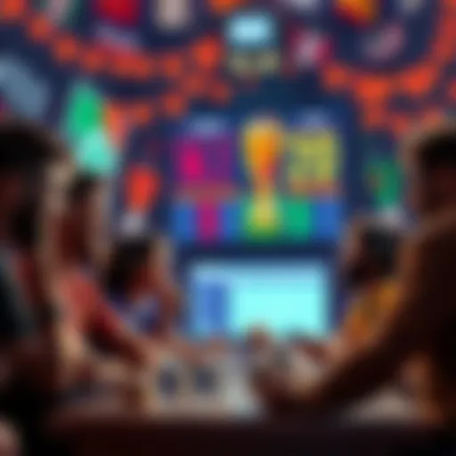 A group of fans discussing soccer betting strategies and insights for the World Cup, with soccer-themed decorations and odds displayed on a screen.