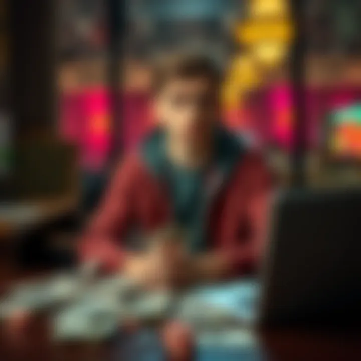 A young person with a worried expression seated at a table covered in bills and a laptop, reflecting on their recent gambling loss.