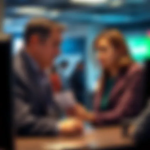 Worried customer at a bank A concerned customer speaking to a bank teller about withdrawal restrictions, with a worried expression on their face.