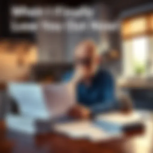 Concerned homeowner looking at bills A worried homeowner examining overdue bills while sitting at a kitchen table