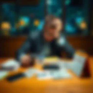A man sits at a table with his head in his hands, looking stressed after losing money on sports betting. His phone and betting slips are scattered on the table, and a calendar shows an upcoming birthd...