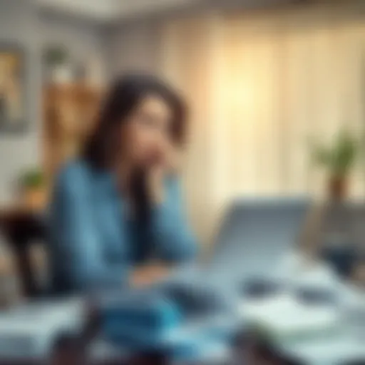 A concerned newlywed woman sitting at a table surrounded by bills and financial documents, deep in thought about her husband's gambling issues.