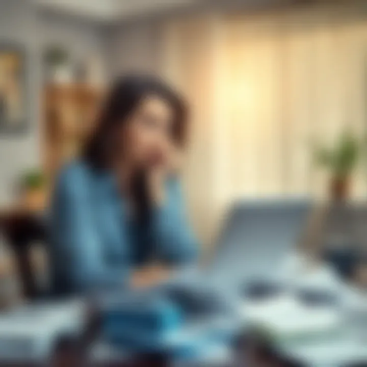A concerned newlywed woman sitting at a table surrounded by bills and financial documents, deep in thought about her husband's gambling issues.