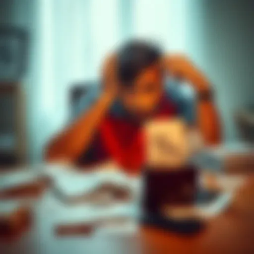 Individual sitting at a table surrounded by unpaid bills and an empty wallet, expressing frustration over financial struggles.