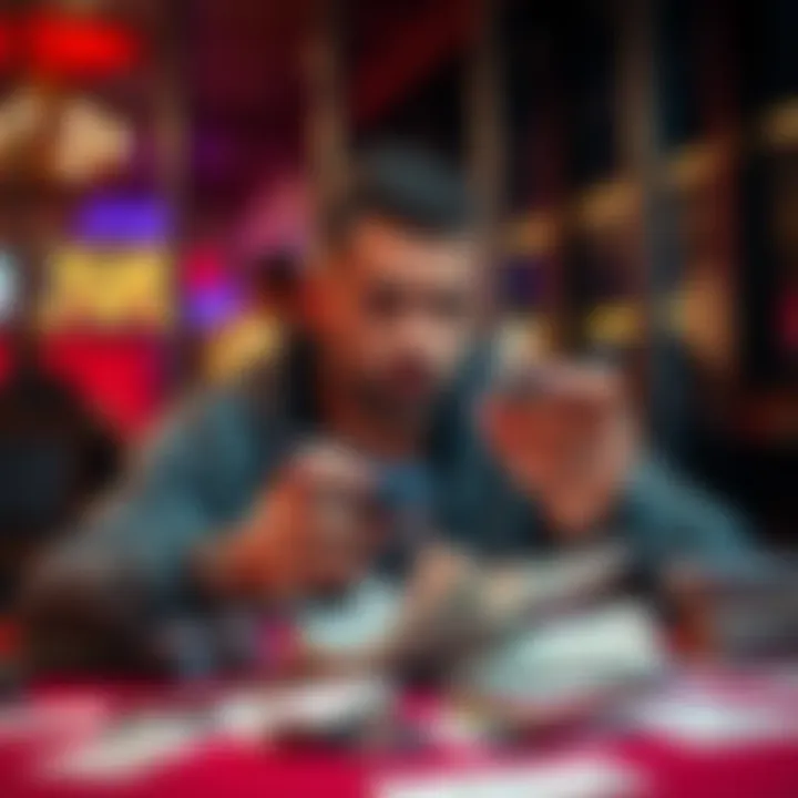 Individual sitting at a table, surrounded by credit cards and bills, showing signs of stress and concern due to gambling-related debt.