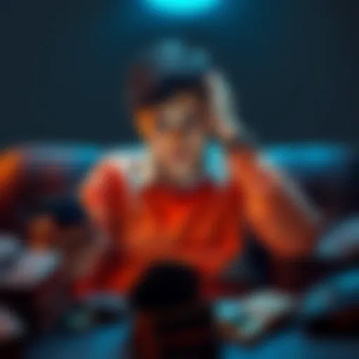 A person sits with a worried expression, holding a smartphone while checking finance apps, surrounded by empty wallets and bills.