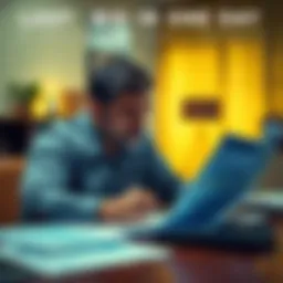 Person looking worried over financial statements Individual seated at a table, staring at bills and financial documents with a distressed expression