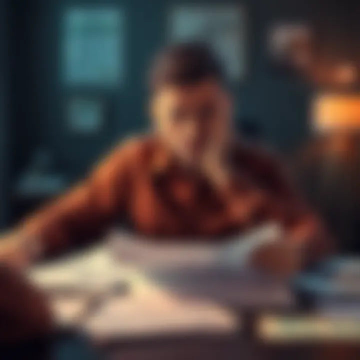 Individual sitting at a table with a worried expression, surrounded by bills and financial statements, contemplating a recent loss in investments.