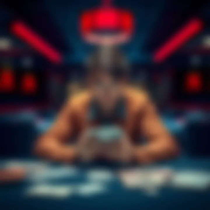 A person sitting at a table with bills and empty wallets, looking stressed about spending rent money on gambling