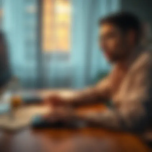 Someone sitting at a table with bills and a calculator, showing signs of stress and worry about money loss