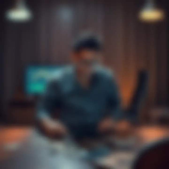 A distressed person sitting at a table with empty pockets, staring at a computer screen showing a declining balance, representing financial loss.
