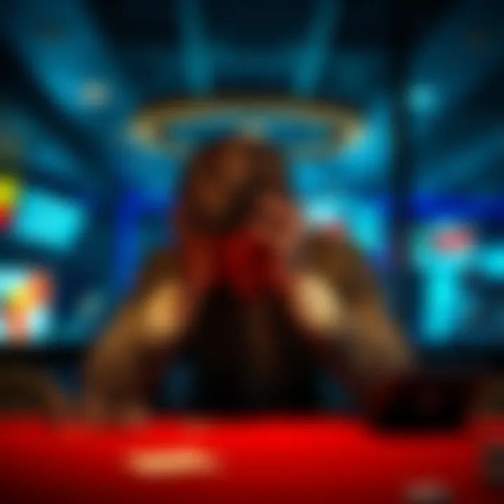 Person sitting alone with a worried expression A person sitting at a table with their head in their hands, looking distressed after losing money gambling