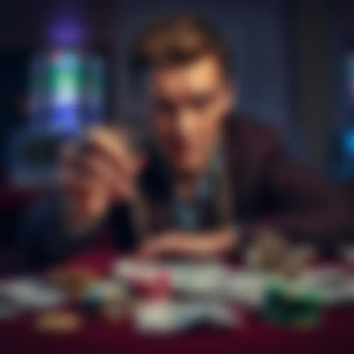 A person with a worried expression holding a gambling chip, sitting at a table with bills scattered around, symbolizing the struggle with debt and addiction.