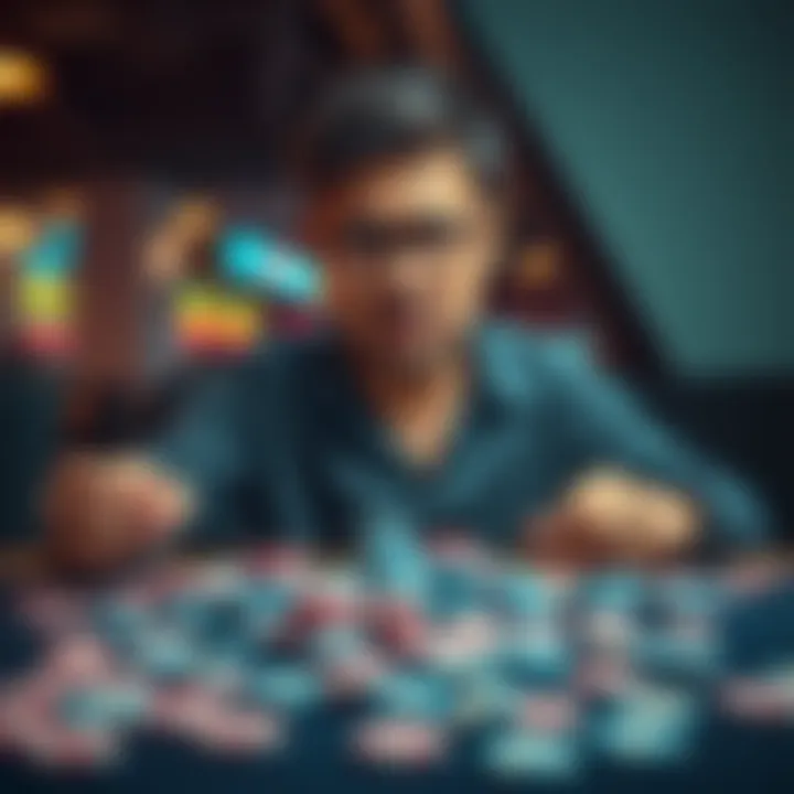 Person looking worried with gambling chips A person sits at a table with scattered gambling chips, showing a worried expression, symbolizing the stress of gambling losses.