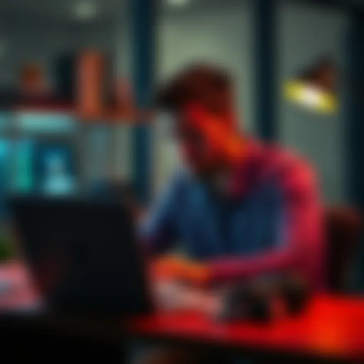 Individual sitting at a desk with a laptop, looking distressed while reviewing memecoin investments