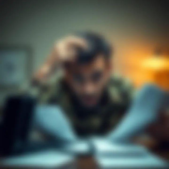A distressed person holding their head, surrounded by papers and a phone, representing the emotional impact of scams.