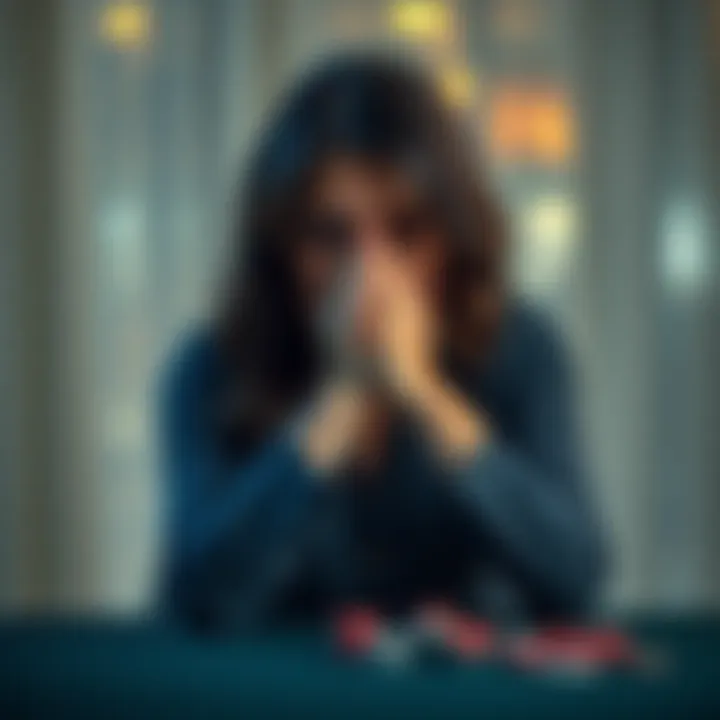 Woman sitting alone looking worried A woman with a worried expression sitting alone at a table, hiding her face in her hands, symbolizing the stress of gambling addiction and the fear of sharing her struggles in marriage.