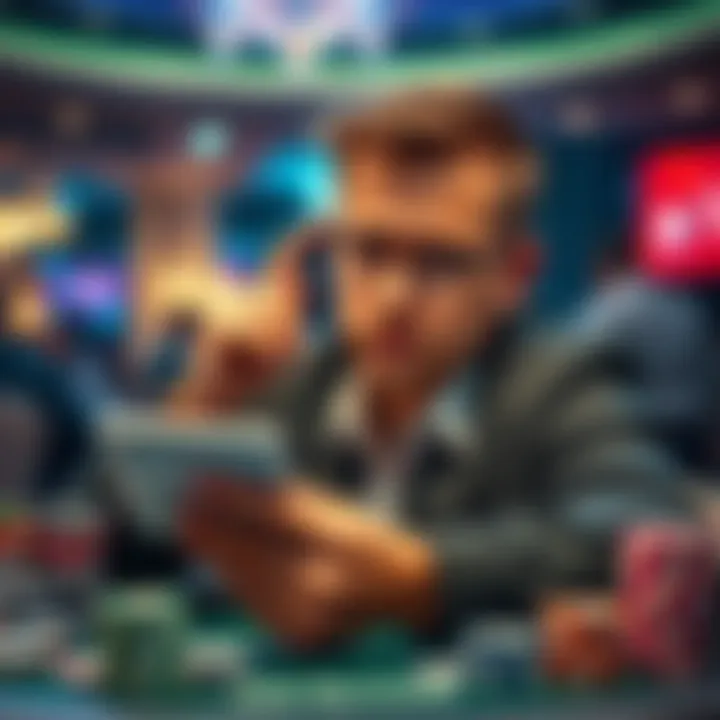 A poker player checks their Hendon Mob profile with a puzzled expression, surrounded by tournament chips and cards, contemplating cash updates from WSOP events.