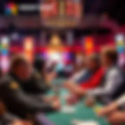 WSOP Hosts and Coverage Highlights A lively scene with poker hosts engaging an audience during the WSOP coverage, featuring casino lights and poker tables in the background.